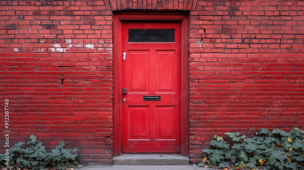 Modern single Red door on brick wall in city,English architecture,luxury building,empty grunge urban street with warehouse brick wall,sidewalk by street wall and door,space for text concept. Modern single Red door on brick wall in city,English architecture,luxury building,empty grunge urban street with warehouse brick wall,sidewalk by street wall and door,space for text concept.