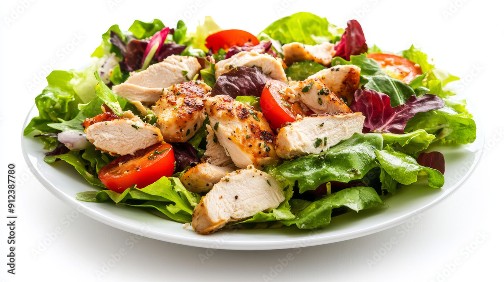 Savory chicken salad beautifully arranged on a white background.