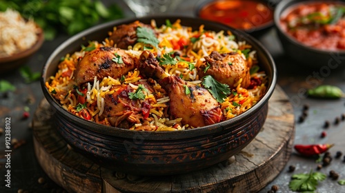 Authentic chicken biryani served in an Indian cooking pot, highlighting traditional spices and rich flavors of Indian cuisine.