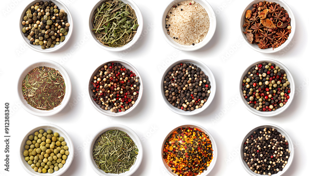 Collage of various spices and herbs in bowls isolated on white background. Top view Collage of various spices and herbs in bowls isolated on white background. Top view