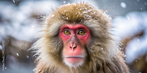 Native to Japan, the Japanese macaque, also known as the snow monkey, is a terrestrial Old World monkey species with a lush fur coat, curious gaze. photo