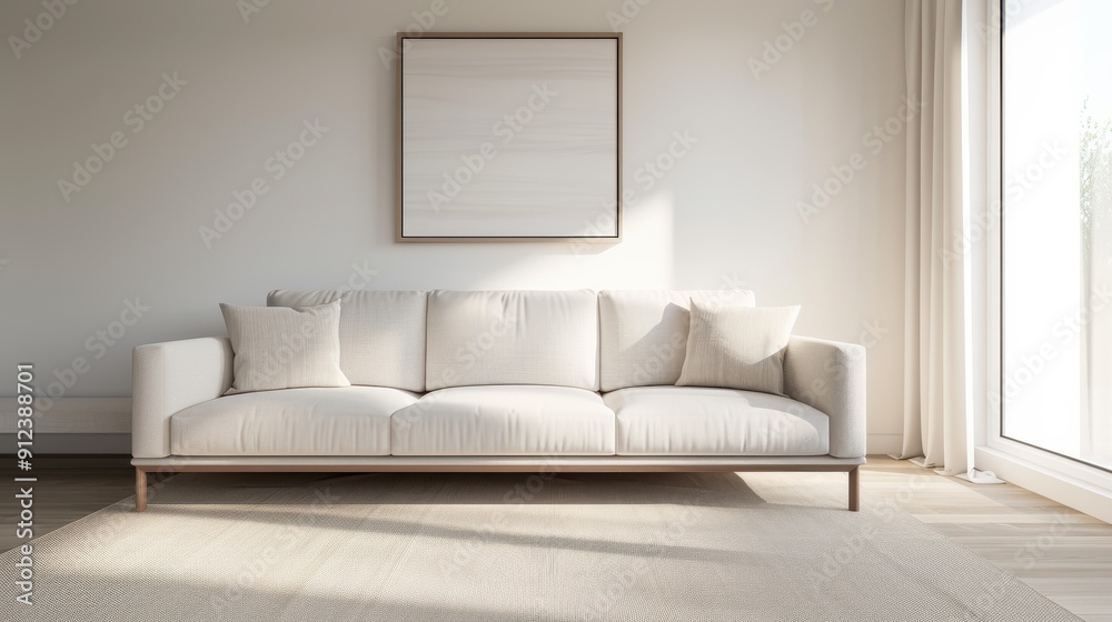 A large white couch sits in a room with a white wall and a white framed picture