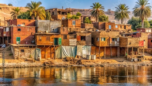 Rural poverty on display as ramshackle homes made of rusted corrugated metal and wooden planks line the Nile River bank in Luxor, Egypt's countryside. photo