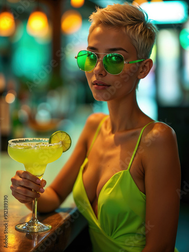 Portrait of a skinny tall woman with a short pixie hairdo in a lime green dress and a glass of Margarita cocktail in hand. Lime green filter sunglasses. Modern bar background.