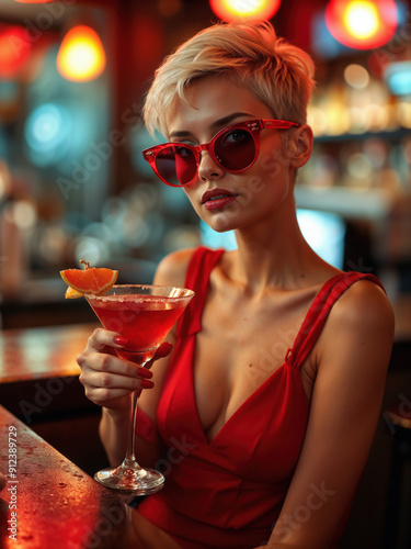 Portrait of a skinny tall woman with a short pixie hairdo in a red dress and a glass of Cosmopolitan cocktail in hand. Red filter sunglasses. Modern bar background.