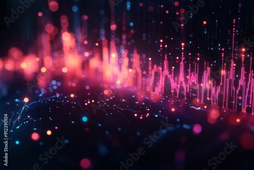 iridescent stock market graph, glowing lights and data points against a dark background