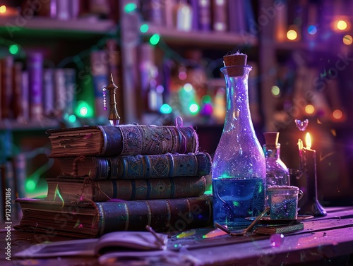 Magical potions and spell books mysterious and vibrant