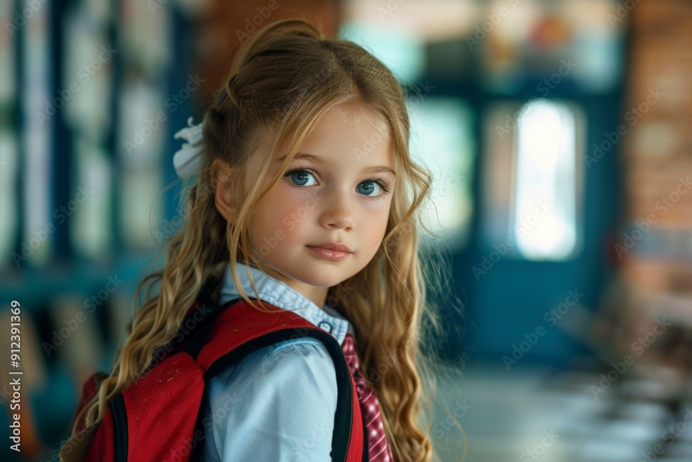 Cute little girl with a backpack, standing in a school hallway, ready for her first day of school. Cute little girl with a backpack, standing in a school hallway, ready for her first day of school.