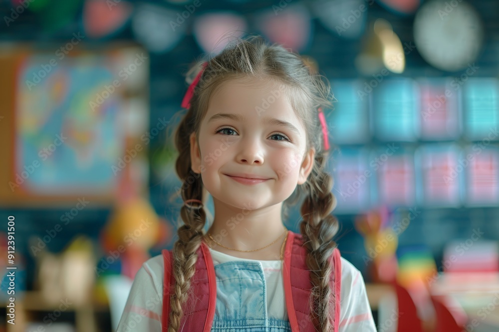 Cute little girl with a backpack, standing in a school hallway, ready for her first day of school. Cute little girl with a backpack, standing in a school hallway, ready for her first day of school.