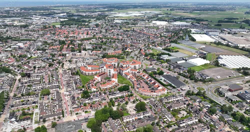 Apartment complex De Bloem, Rijnsburg, South-Holland, The Netherlands. Aerial view.