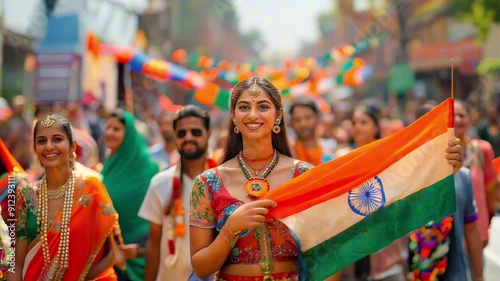 Beautiful Smiling Indian Woman In Traditional Costume Holding Indian Flag At Independence Day Of India Holiday Celebration In Crowd Of People