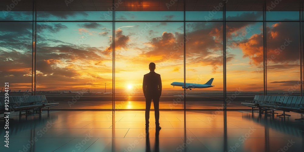 Businessman Contemplating Departure at Modern Airport Businessman Contemplating Departure at Modern Airport