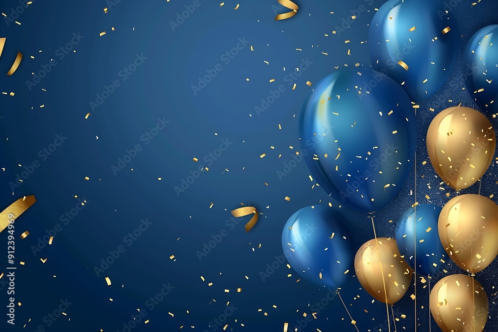 Fototapeta premium Blue and Gold Balloons with Confetti