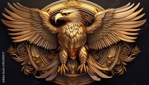Craft an emblem of a golden eagle with a fierce yet elegant stance.