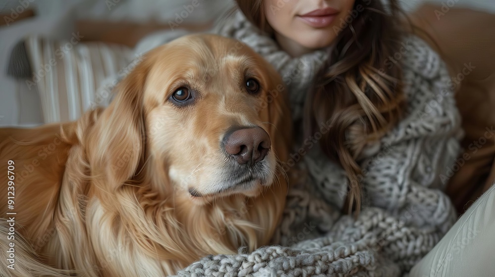 Dog and owner portrait in a cozy home setting, displaying bond and companionship, heartwarming relationship Dog and owner portrait in a cozy home setting, displaying bond and companionship, heartwarming relationship