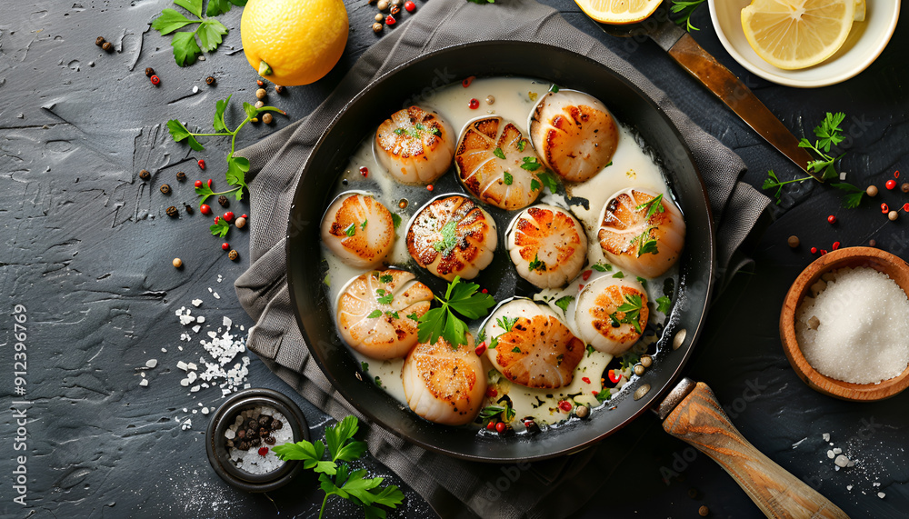 Delicious scallops with sauce in frying pan and ingredients on dark gray textured table, flat lay Delicious scallops with sauce in frying pan and ingredients on dark gray textured table, flat lay
