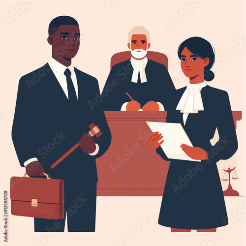 flat illustration of judicial characters, judge, lawyer