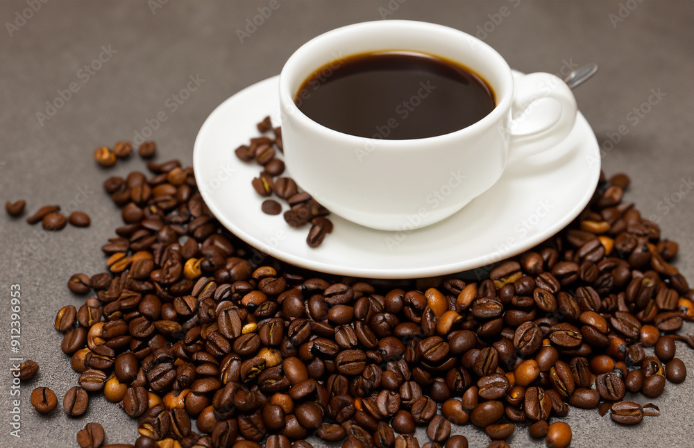 some coffee beans and a cup of coffee some coffee beans and a cup of coffee