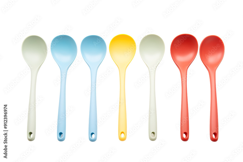 A Rainbow of Kitchen Utensils: Colorful Spoons Standing Tall Against a Pristine White Background on a White or Clear Surface PNG Transparent Background A Rainbow of Kitchen Utensils: Colorful Spoons Standing Tall Against a Pristine White Background on a White or Clear Surface PNG Transparent Background