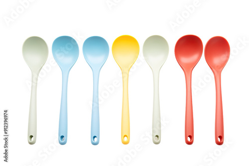 A Rainbow of Kitchen Utensils: Colorful Spoons Standing Tall Against a Pristine White Background on a White or Clear Surface PNG Transparent Background