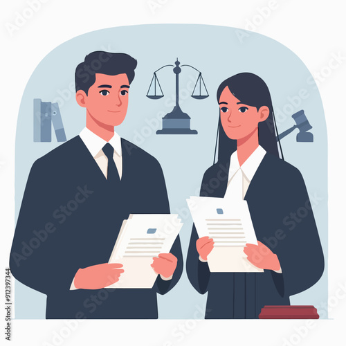 flat illustration of judicial characters, judge, lawyer