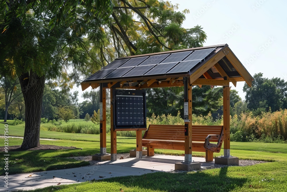 Solar panel charging station is providing clean energy in a park setting Solar panel charging station is providing clean energy in a park setting