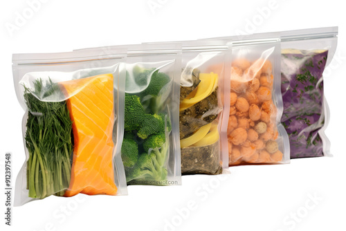 A Row of Clear Food Storage Bags Filled With Colorful Vegetables and Snacks on a White or Clear Surface PNG Transparent Background photo