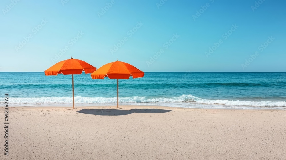 Bright sunny beach with two vibrant umbrellas and calm ocean waves, perfect for a relaxing summertime getaway, seaside vacation, and tranquility Bright sunny beach with two vibrant umbrellas and calm ocean waves, perfect for a relaxing summertime getaway, seaside vacation, and tranquility