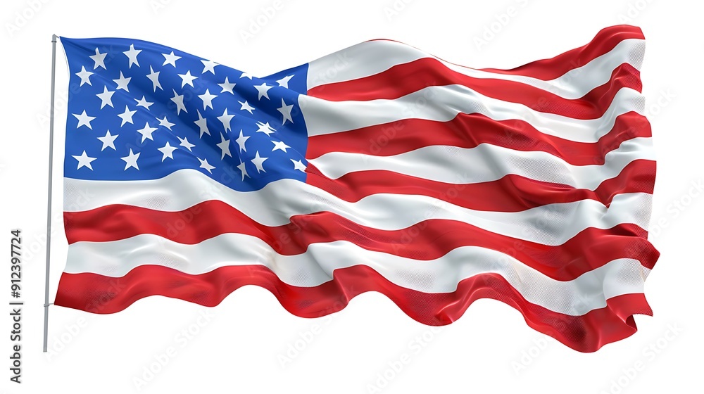 Fototapeta premium Patriotic American Flag Waving with Flawless Details on White Background
