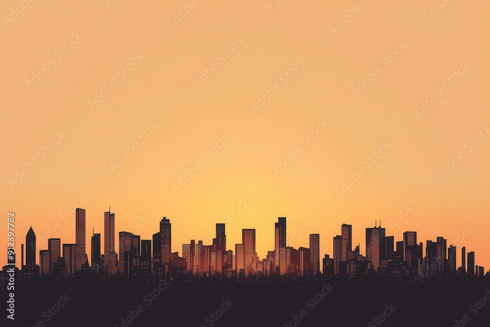 City skyline with orange sunset glow, space for text overlay, website banner, urban expansion City skyline with orange sunset glow, space for text overlay, website banner, urban expansion