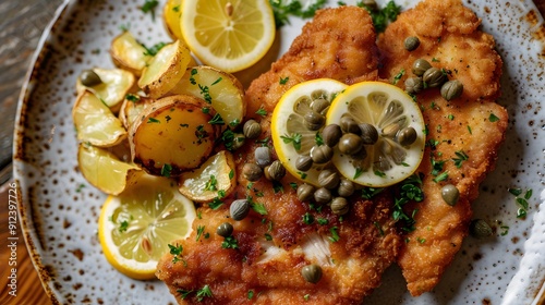 Veal cutlet veal schnitzel with lemon and capers photo