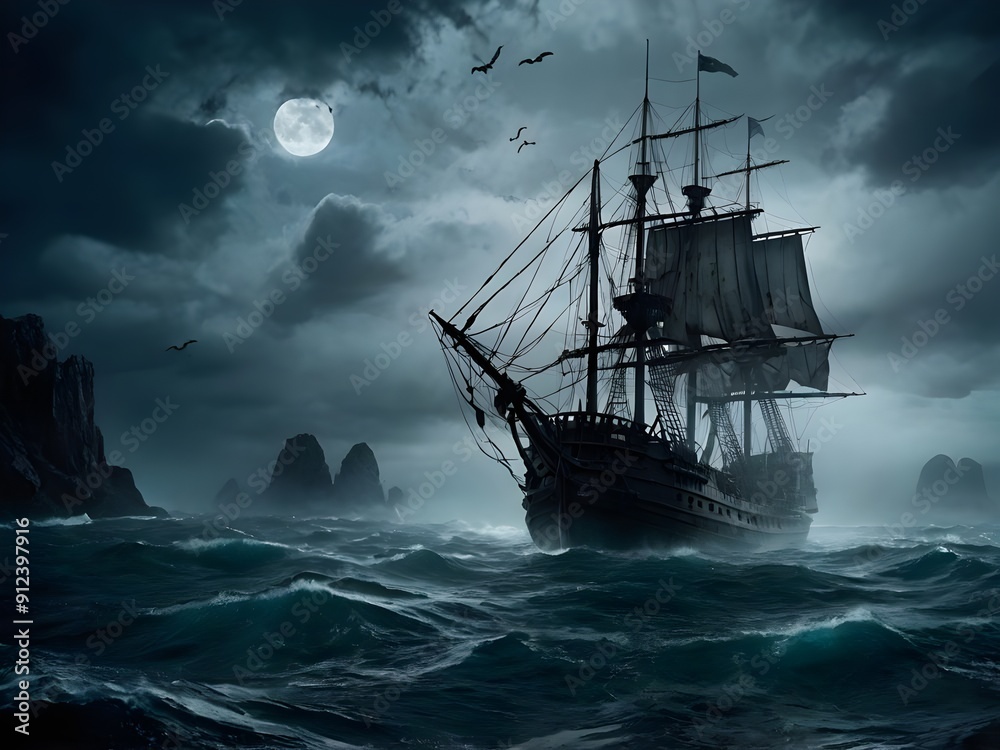 Obraz premium A ghost ship wandering the Atlantic Ocean