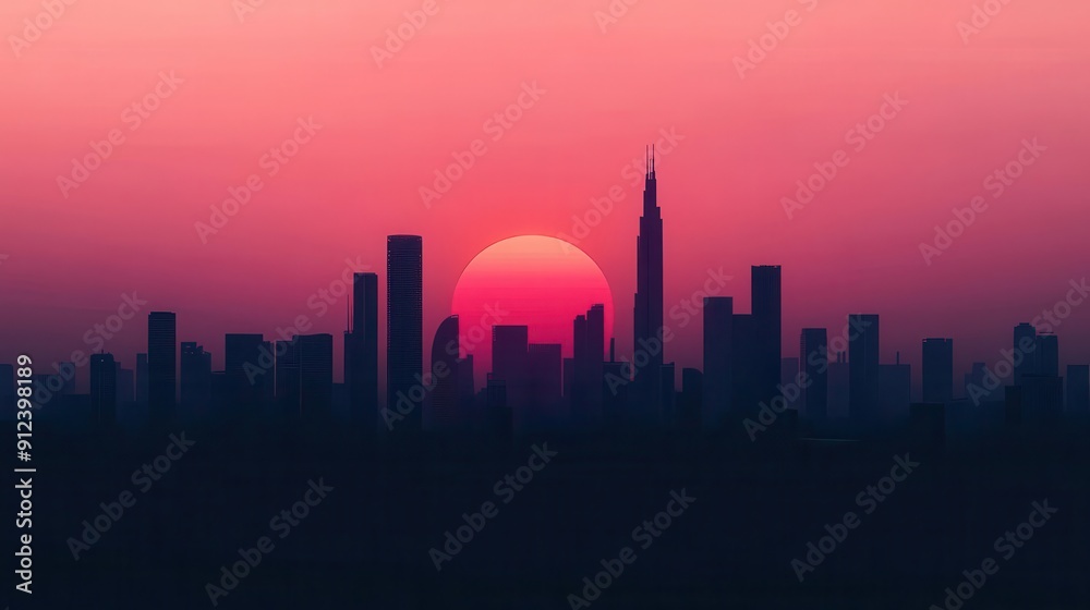 A captivating image of a city skyline silhouetted against a vibrant, pink-hued sunset. The sun sets dramatically behind the buildings, creating a stunning contrast between the dark structures and the A captivating image of a city skyline silhouetted against a vibrant, pink-hued sunset. The sun sets dramatically behind the buildings, creating a stunning contrast between the dark structures and the