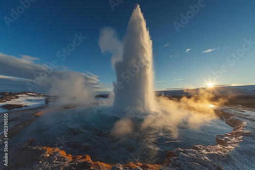 captivating geyser in Iceland displays a magical blend of steam, shimm photo