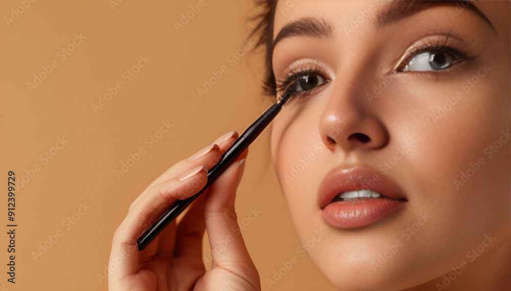 Fototapeta premium Woman applying mascara onto eyelashes against light brown background, closeup