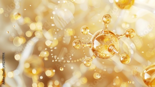 Close gold molecules sphere with many small bubbles surrounding it