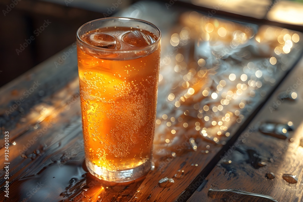 Refreshing Cold Beverage on a Wooden Table with Ice and Scattered Light - Stock Photography for Summer Themes, Drink Promotions, and Lifestyle Marketing Refreshing Cold Beverage on a Wooden Table with Ice and Scattered Light - Stock Photography for Summer Themes, Drink Promotions, and Lifestyle Marketing