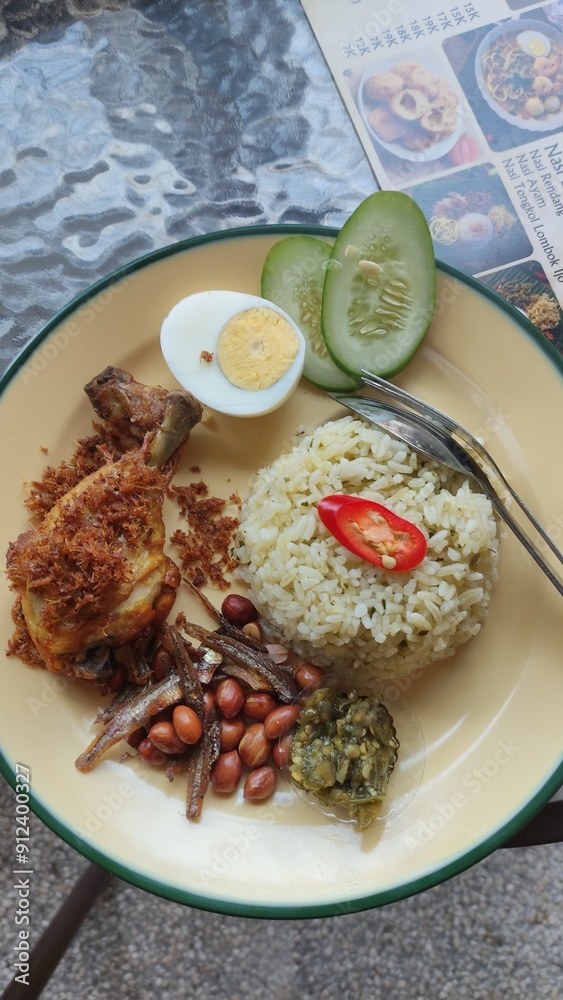 A close-up photo of a plate of nasi lemak. A close-up photo of a plate of nasi lemak.