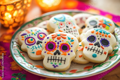 Colorful skull shaped cookies are sitting on a plate, celebrating dia de los muertos