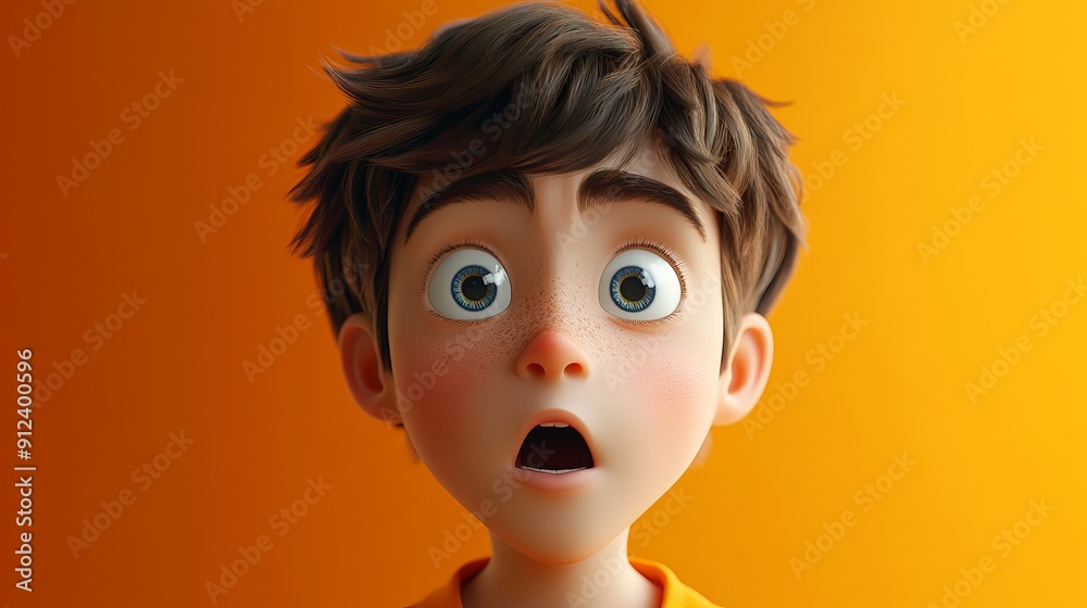 Surprised Boy With Brown Hair Against an Orange Background