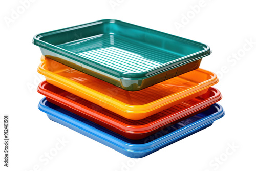 Colorful Plastic Trays Stacked High Against a White Background on a White or Clear Surface PNG Transparent Background