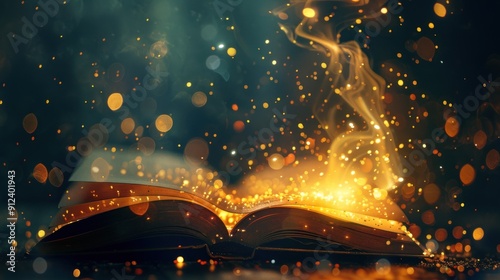 A book is open to a page with a glowing light shining on it