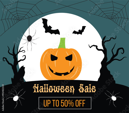 Halloween Sale Banner with a Scary Pumpkin. Seasonal national holiday commercial illustration