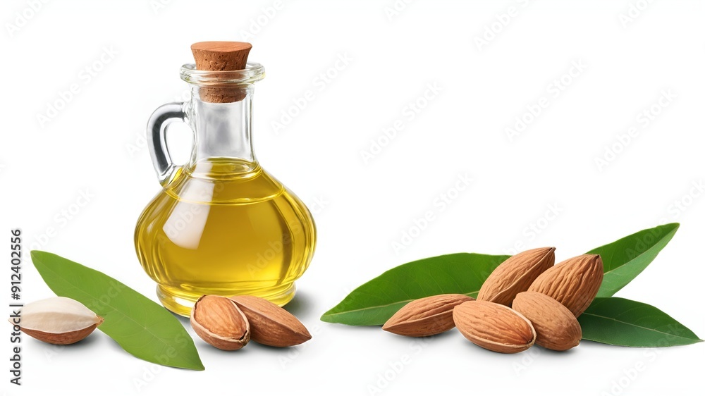Almond oil in glass bottle and group of almond nuts with green leaf isolated on white background. Almond oil in glass bottle and group of almond nuts with green leaf isolated on white background.