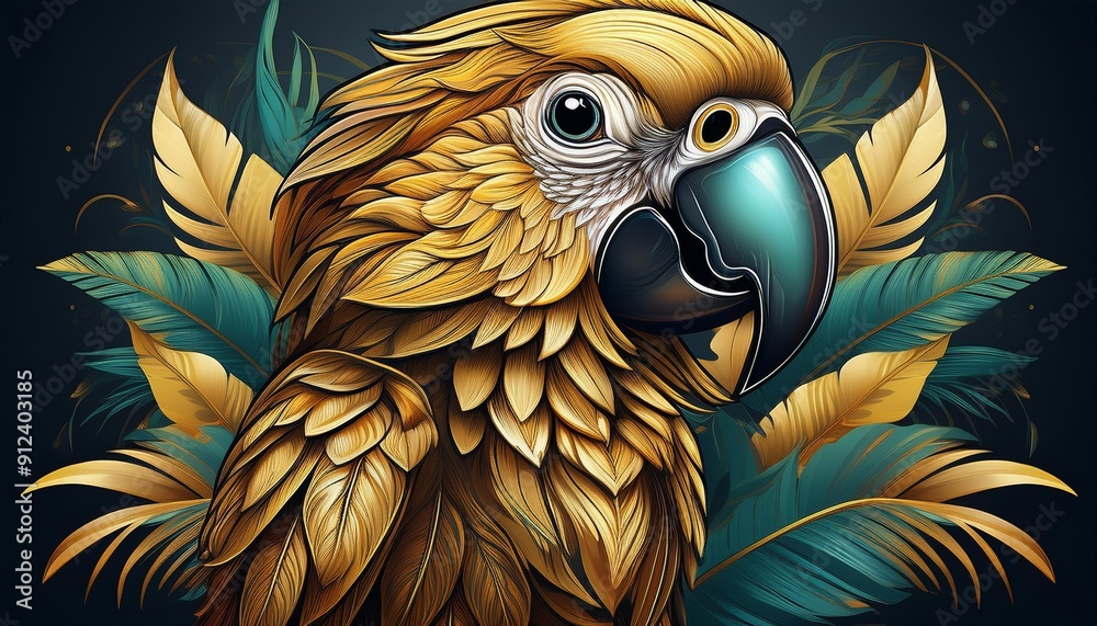 Fototapeta premium Illustrate a logo of a golden parrot with tropical foliage accents.