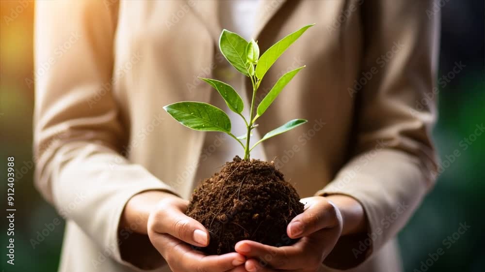 hands gently holding a small plant with green leaves emerging from the soil, hands gently holding a small plant with green leaves emerging from the soil,