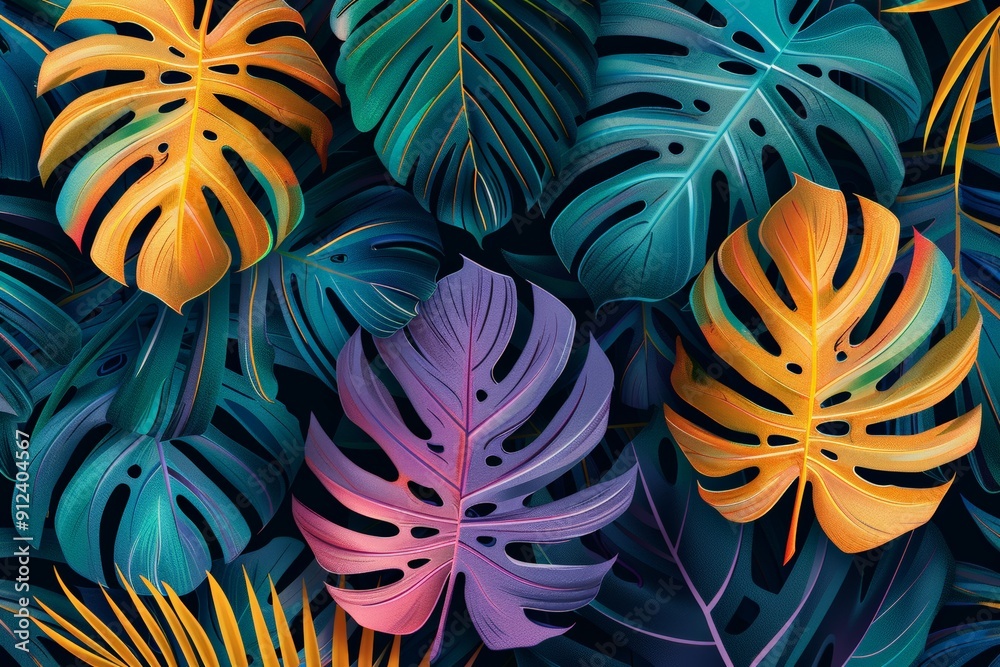 Vibrant tropical foliage with green and orange monstera leaves, creating a lush and exotic jungle backdrop. Vibrant tropical foliage with green and orange monstera leaves, creating a lush and exotic jungle backdrop.