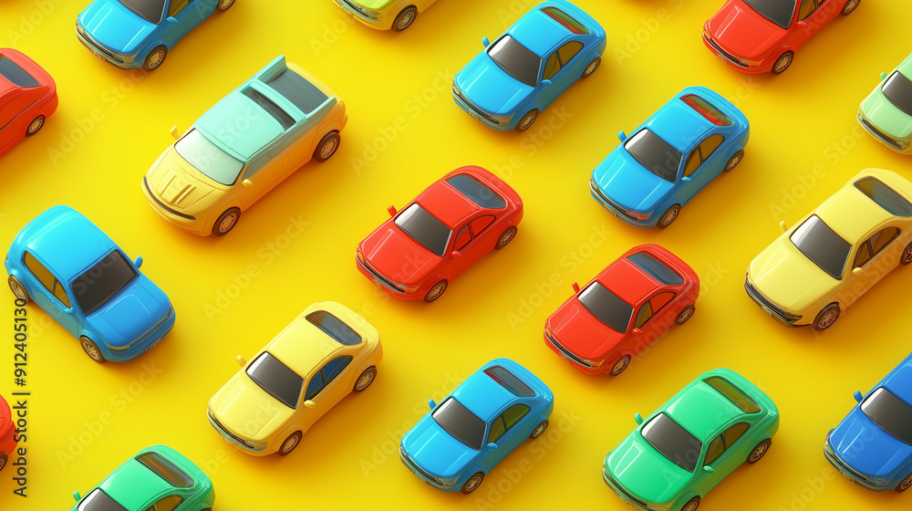 colorful toy cars on the road, 3D toy cars in various colors and shapes, seamless pattern, cute toy