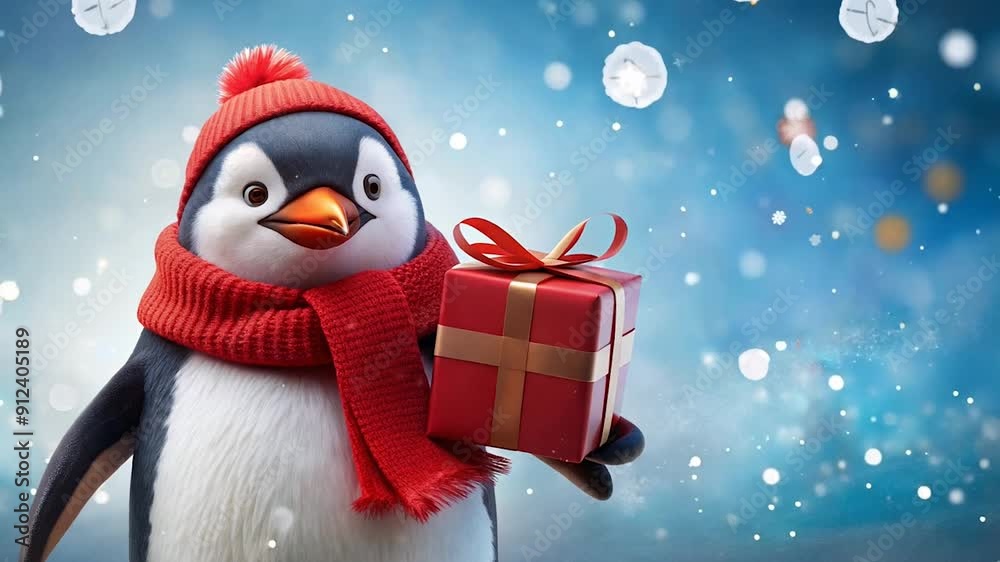 Penguin Holding a Gift for Christmas.
