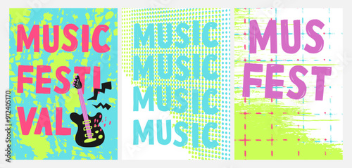 Set of music fest posters design. Musical festival poster templates. Hand drawn vector illustration in naive art style. Music festival colorful banner. Drawing for event background and card